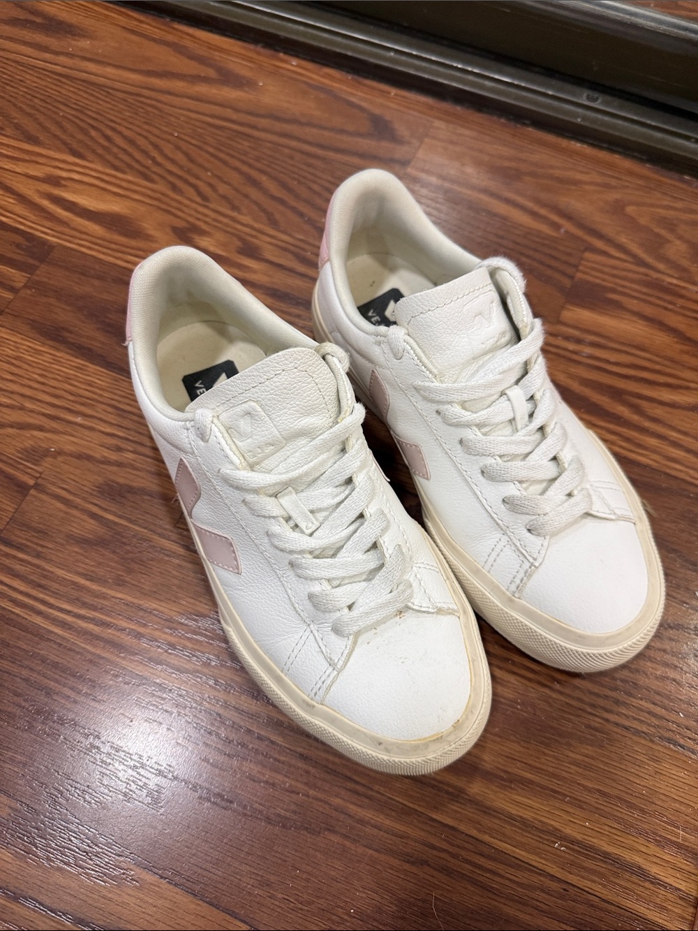Veja Women's White Leather Sneakers with Pink V Logo